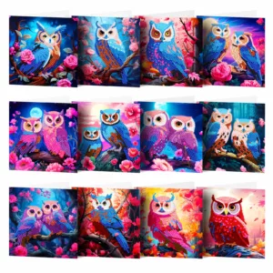 Adorzy Diamond Painting Wenskaarten Uilen – 12 stuks – Set 4