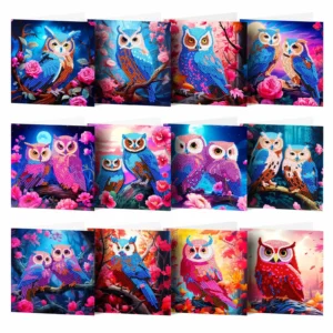 Adorzy Diamond Painting Wenskaarten Uilen – 12 stuks – Set 4