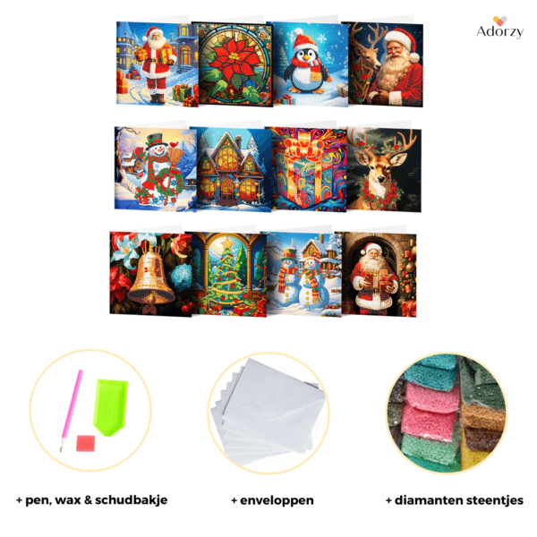 Diamond Painting Kerstkaarten – 12 stuks - Set 3 - Magische Kerst - Afbeelding 11