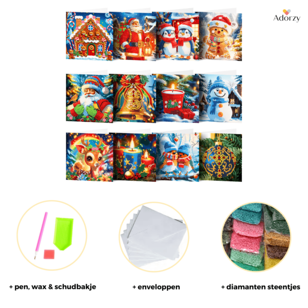 Diamond Painting Kerstkaarten - 12 kaarten - Complete set