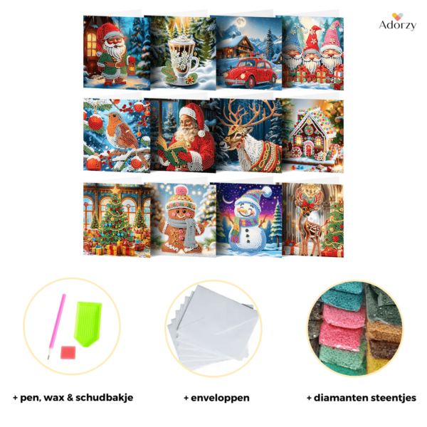 Diamond Painting Kerstkaarten - 12 kaarten - Complete set