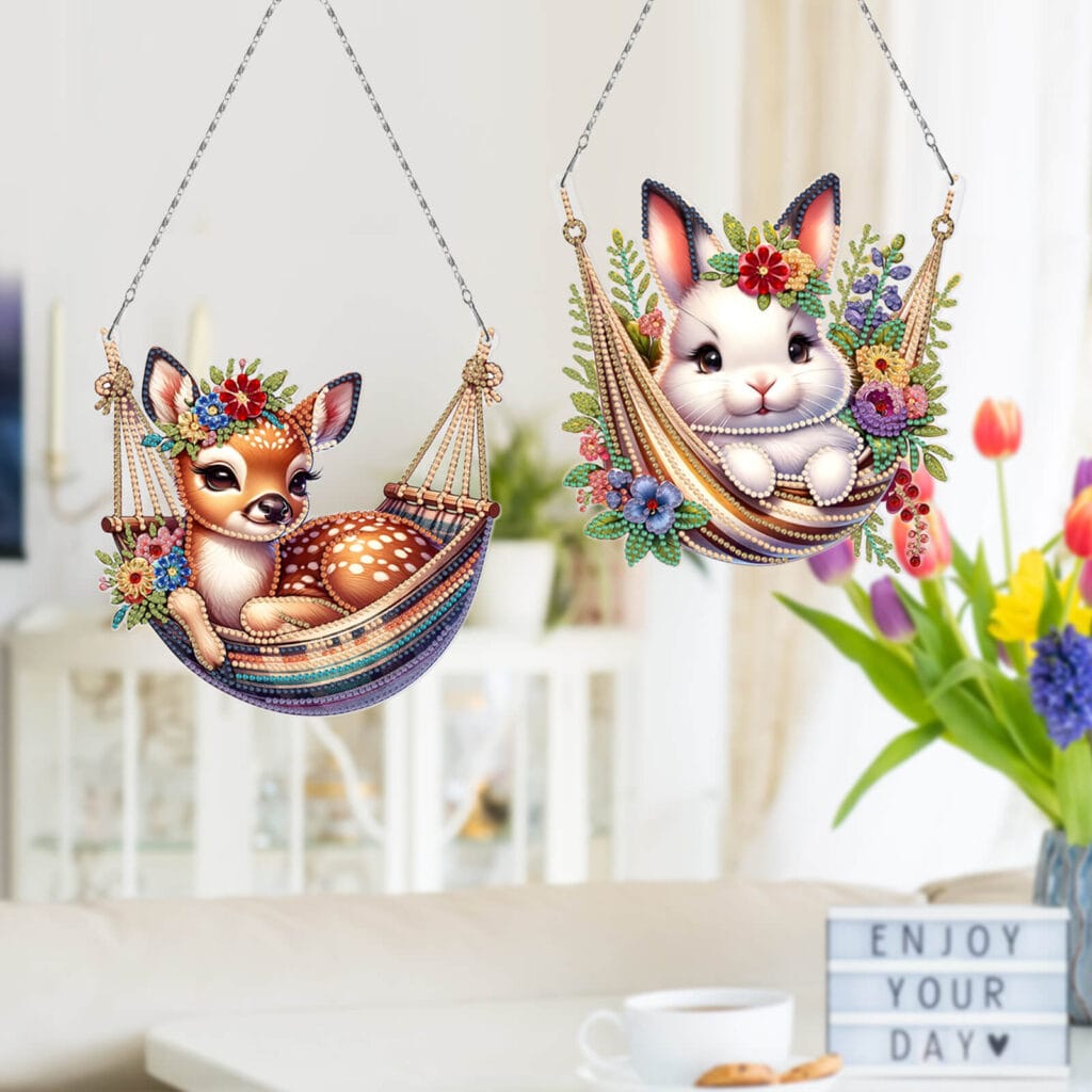 Diamond Painting Raamhangers – Set van 3 – Dieren in hangmat