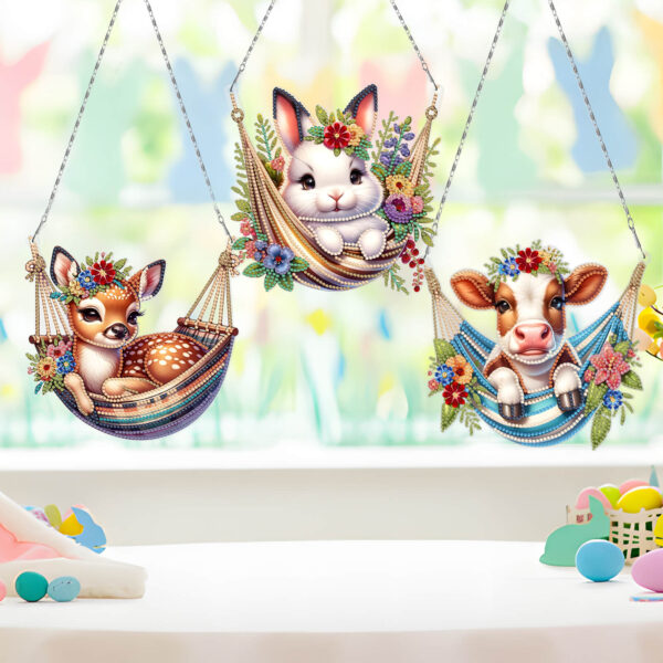 Diamond Painting Raamhangers – Set van 3 – Dieren in hangmat