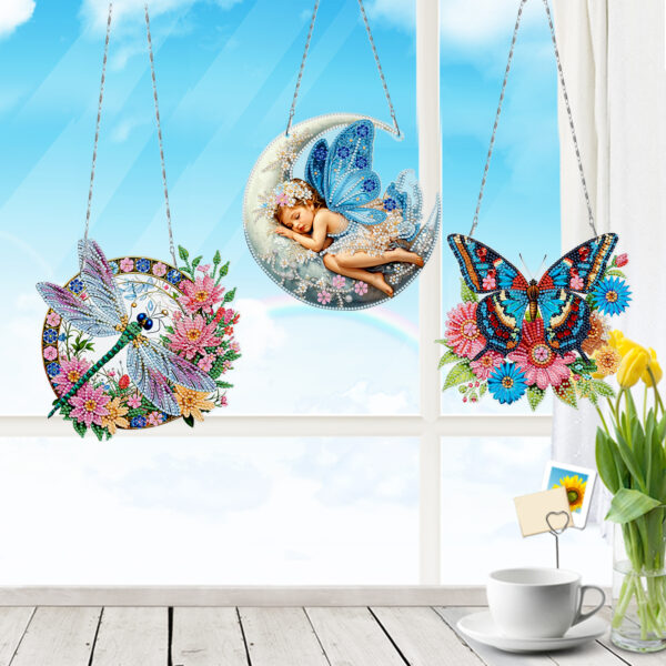 Diamond Painting Raamhangers – Set van 3 – Vlinder, Libelle en Maan