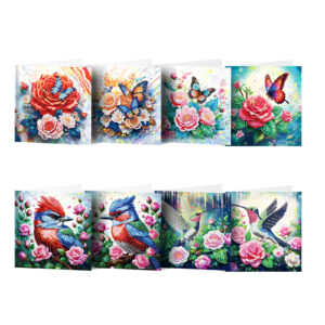 Diamond Painting kaarten met bloemen, vogels en vlinders in vrolijke kleuren