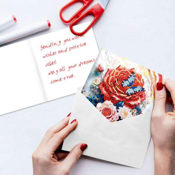 Voorbeeld van afgewerkte Diamond Painting wenskaart met bloemendesign