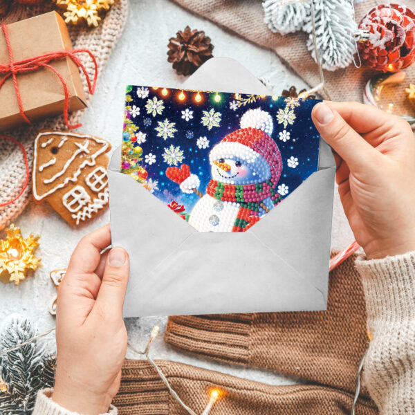 Diamond Painting kerstkaart met sneeuwpop en kerstcadeaus