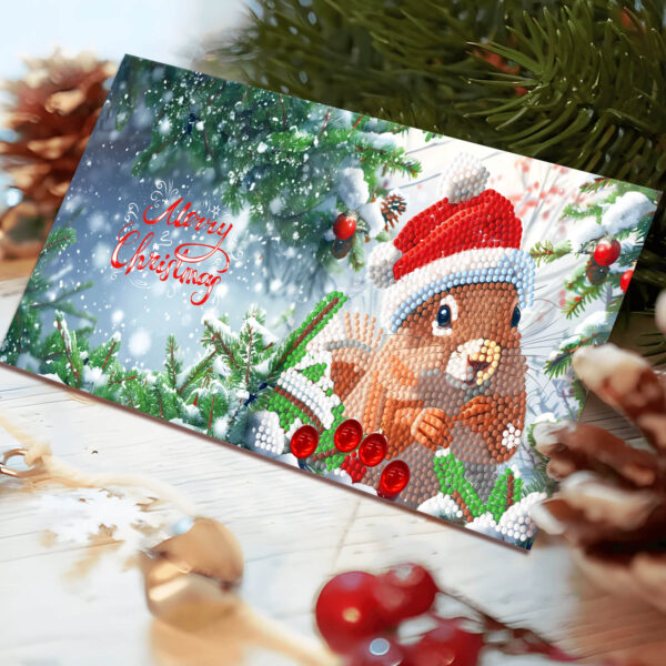 Diamond Painting kerstkaart met eekhoorn met kerstmuts