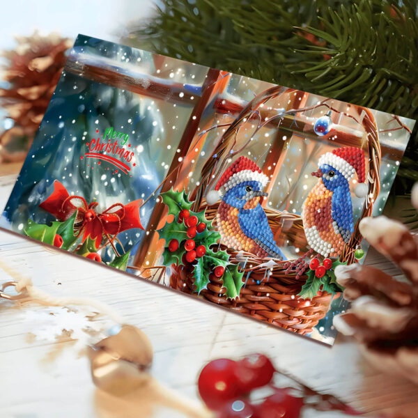 Diamond Painting kaart met vogeltjes in een rieten mandje