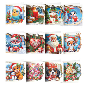 Diamond Painting Kerstkaarten – Set 12 – Vrolijke Feestmix