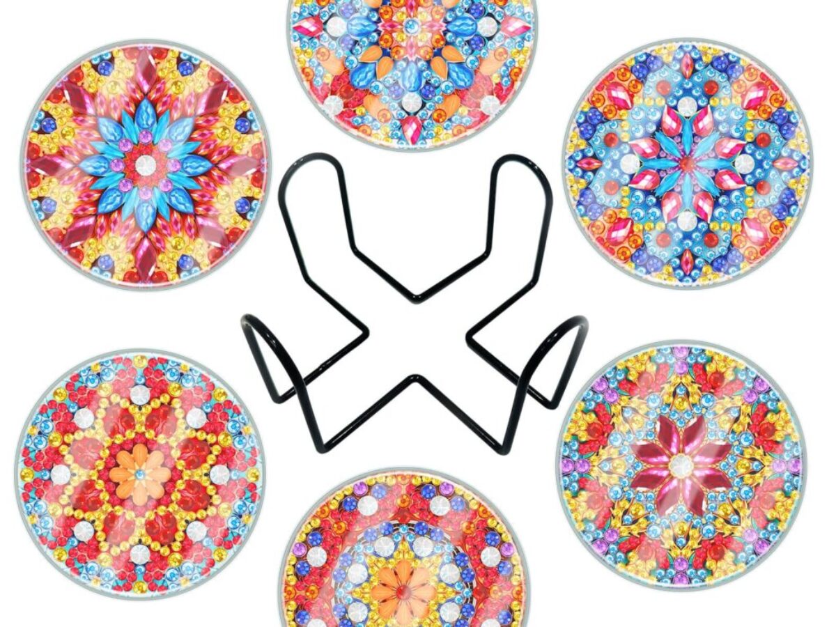 Ideen mit Herz 12 Diamond-painting-onderzetters met metalen standaard | 12 onderzetters van kurk | incl. Diamanten & gereedschap | 29-delig (Bloemen Mandala